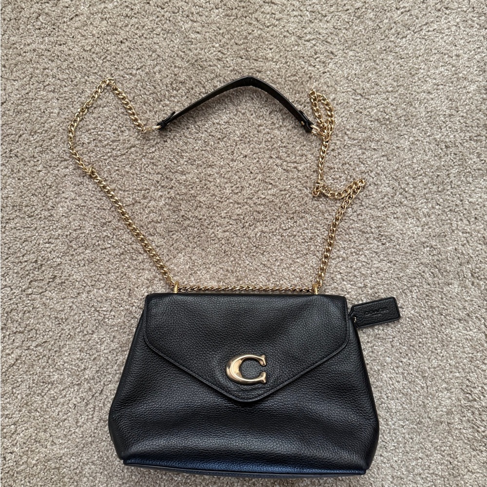 Coach Black Leather Crossbody Bag with Gold Chain